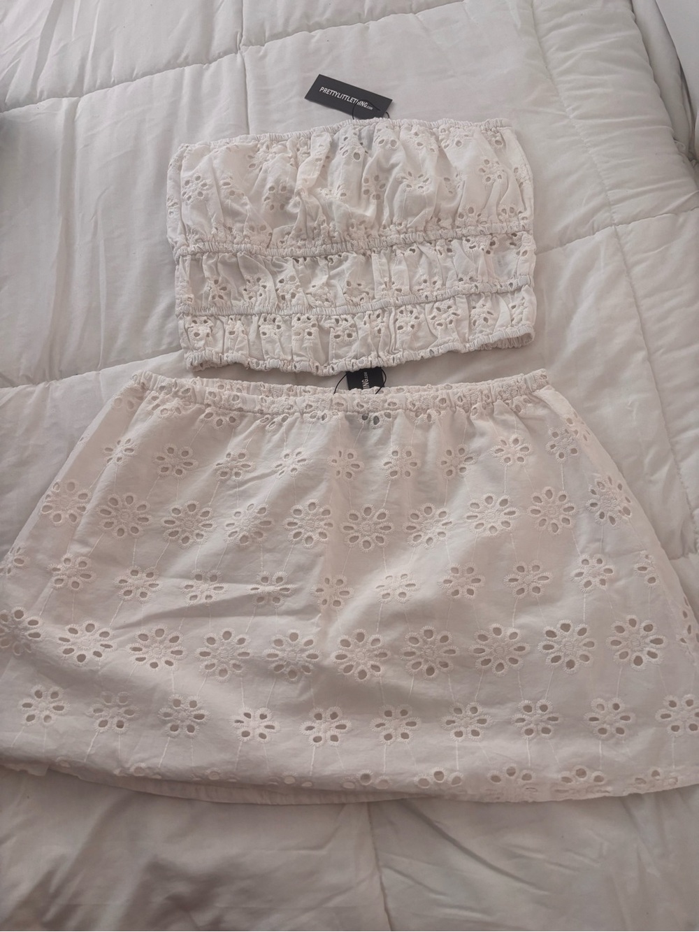 Pretty Little Thing White Eyelet Two-Piece Set - Strapless Crop Top & Skirt